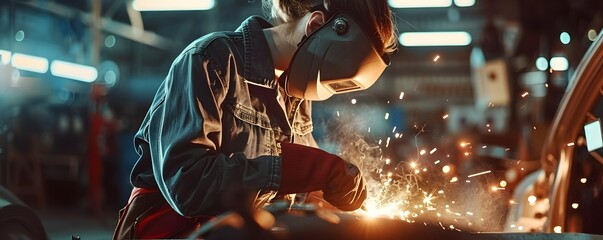 Female Mechanic Welding Car Part in Dimly Lit Garage with Sparks Flying