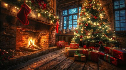 Obraz premium Cozy Christmas Eve with a beautifully decorated Christmas tree by a warm fireplace in a rustic living room. Holiday atmosphere captures festive spirit and family joy. 