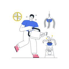 Man Watering Plants Outline Illustration