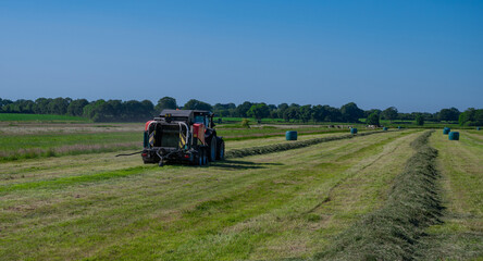 Fototapeta premium Schwarzer Treker oder Traktor mit einer roten Stroh Festkammerpresse bei der Strohernte auf einem gemähten Feld