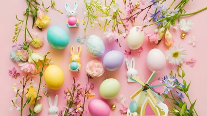 Easter and spring flat lay on a pink bacground