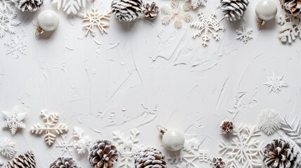 Winter Holiday Decorations with Pinecones and Snowflakes, Generative AI