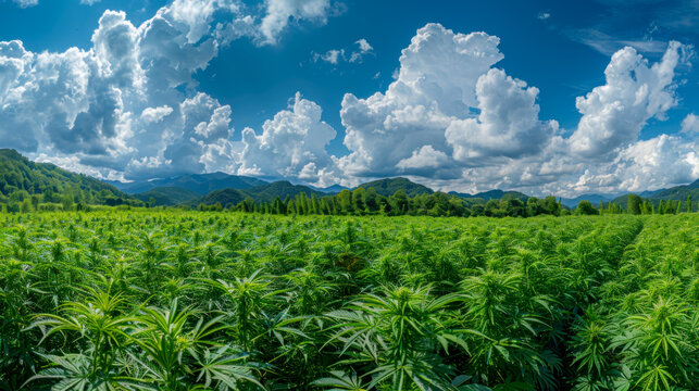 Cultivated field of cannabis, weed faming, sunny afternoon