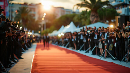 Obraz premium Red carpet on music festival, a lot of public and press