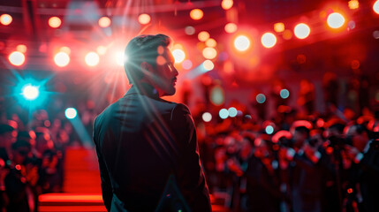 Asian actor on red carpet, cinema festival, a lot of press