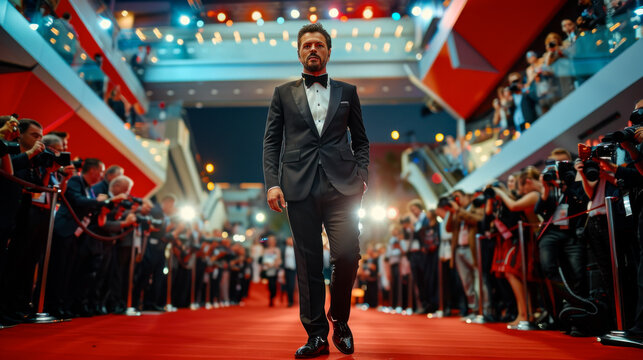 Caucasian actor on red carpet, cinema festival