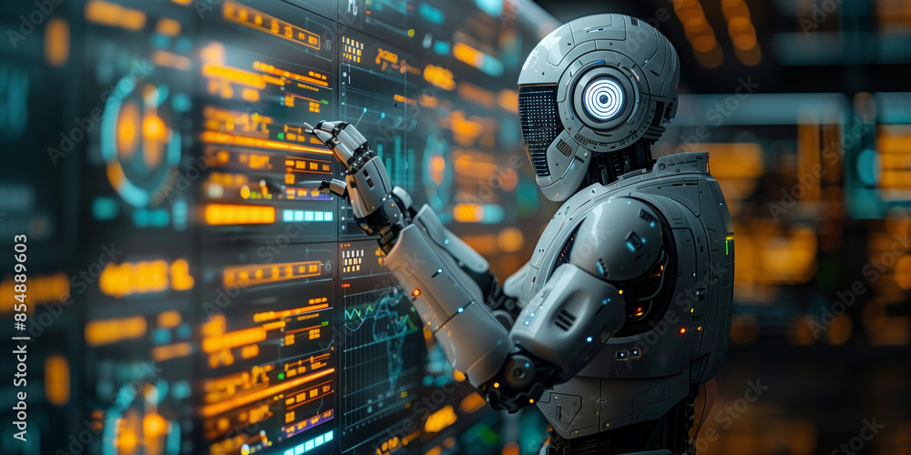 Poster artificial intelligence arm interacts with the screen