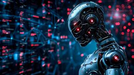 Cyborg in futuristic control room