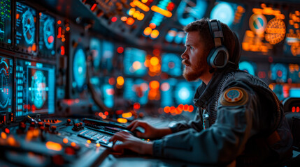 Obraz premium Military officer in space ship control room