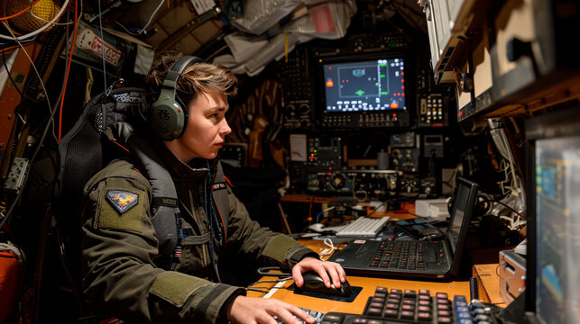 Space trooper in galactic ship control room