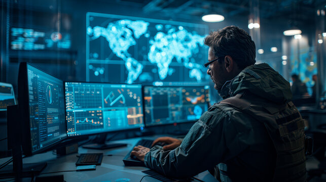 Military officer in space ship control room