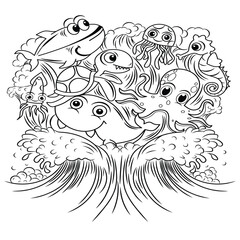 Underwater animals collection in doodlestyle
