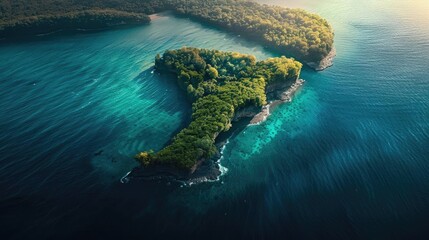 Aerial view of a beautiful, lush green island surrounded by crystal-clear turquoise waters, evoking a sense of tranquility and paradise.