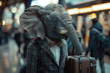 A stylish elephant, dressed to impress, waits patiently in line at a bus station with a suitcase by its side. Its bright smile and shiny bowtie add to its charming demeanor.