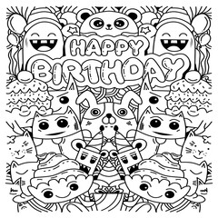 Happy birthday card with cute monsters in doodlestyle