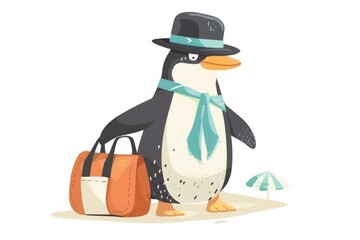 Obraz premium A stylish penguin soaks up the sun at the beach, looking dapper in a bowler hat and waistcoat. The clear white background highlights the penguin's joyful expression.