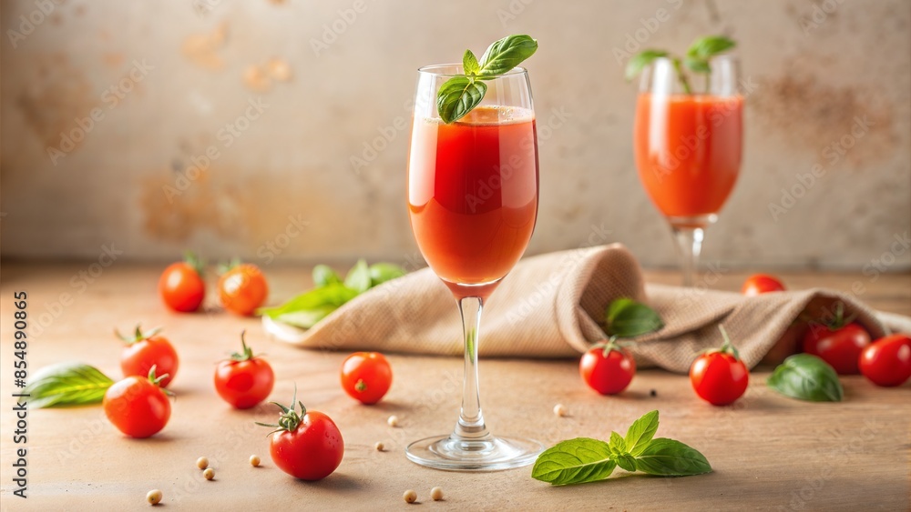 Wall mural an editorial style photo of the pink-colored sweet and sour tomato cocktail in a champagne glass, wi