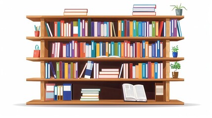 a bookshelf clipart, library element, realistic illustration, full of books, isolated on white background