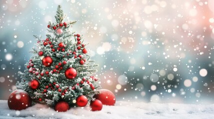 Beautiful Snowy Christmas Tree with Red Ornaments Generative AI