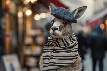A kangaroo in a beret and striped shirt performs a silent act on the streets of Paris, entertaining passersby. The Eiffel Tower stands tall in the background.