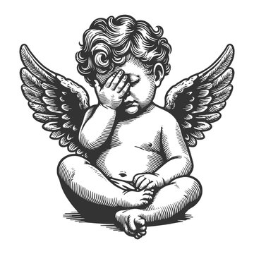 recommend clip art: cherub angel sitting with one hand covering its face, expressing frustration or disappointment sketch engraving generative ai vector illustration. Scratch board imitation. Black and white image.