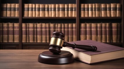 Wooden Gavel With Golden Scale On Table. golden gavel on a black background. Smart law, legal advice icons and lawyer working tools in the lawyers office showing concept of digital law background