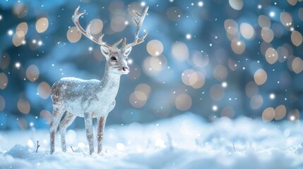 Glittery silver deer in snowy holiday setting with space for text Christmas and New Year theme with trendy 2020 color