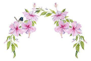 Pink Hibiscus Flowers with leaves and a bird arch composition. Watercolor illustration isolated on transparent background. Floral card design with cute fairy wren on realistic vintage botanical branch