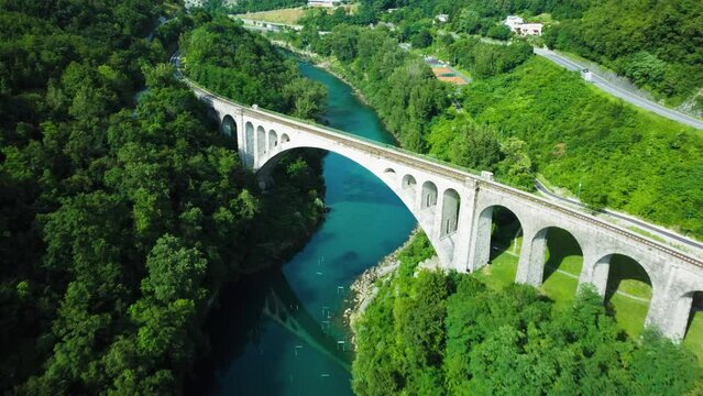 Solcan Bridge over River Soca, Slovenia. Aerial view.