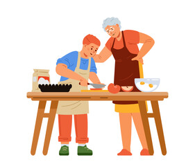 Grandmother with grandson in aprons making apple pie on kitchen table flat vector illustration isolated on white. Boy helping his grandmother cooking. Red hair kid cutting apples.