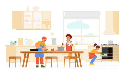 Children of different age cooking together in the kitchen flat vector illustration. Kids in aprons making dinner.