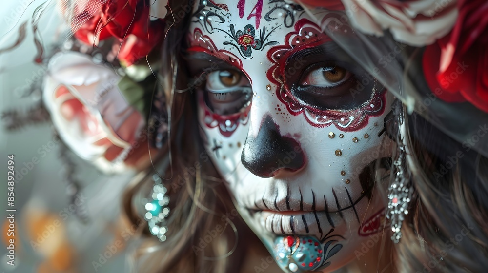 Wall mural Portrait of female zombie with painted skull face, sends air kiss, expresses love, celebrates day of death, prays for family members who died comes on Mexican holiday or festival has halloween makeup.