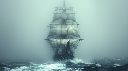 A ghostly ship with full sails navigates through a foggy and turbulent sea, creating an eerie and mysterious atmosphere.