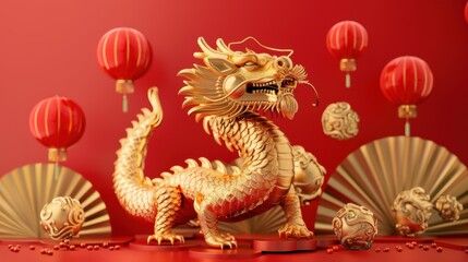 Obraz premium Golden dragon figurine on podium for chinese new year celebration