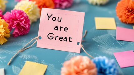 colorful flat lay with pink sticky note featuring motivational message you are great among decorations