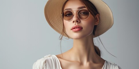 beautiful stylish young woman in summer hat and sunglasses posing confidently against plain background