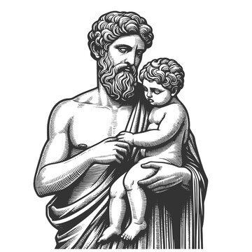 recommend clip art: Greek statue father holding a baby, showcasing a tender moment sketch engraving generative ai fictional character vector illustration. Scratch board imitation. Black and white image.