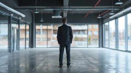 Fototapeta premium Businessman contemplating empty commercial space for lease