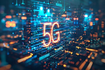 Futuristic 5G network digital hologram and Internet of Things (IoT) icons displayed over a city background,