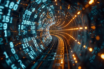 Digital data stream of numbers and letters in the dark tunnel with glow, futuristic background for technology concept