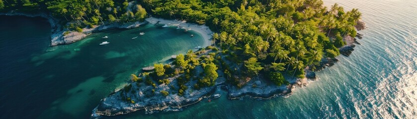 Aerial view of a lush green island surrounded by clear blue water, showcasing stunning natural beauty and serene coastal scenery.