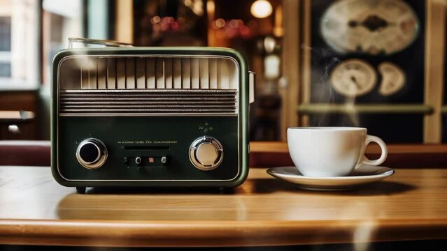 a cup of coffee and a radio next to the cafe window. seamless looping 4k video