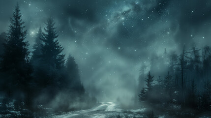 Naklejka premium A misty forest path under a starry night sky. The scene is ethereal with fog enveloping the trees and the path, creating a mysterious and serene atmosphere.