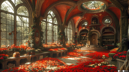 Obraz premium A magical library with arched windows, red flowers covering the floor, and bookshelves filled with books. Sunlight streams through the windows, creating a warm and enchanting atmosphere.