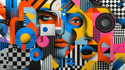 Vibrant Abstract Geometric Art with Faces and Bold Colors