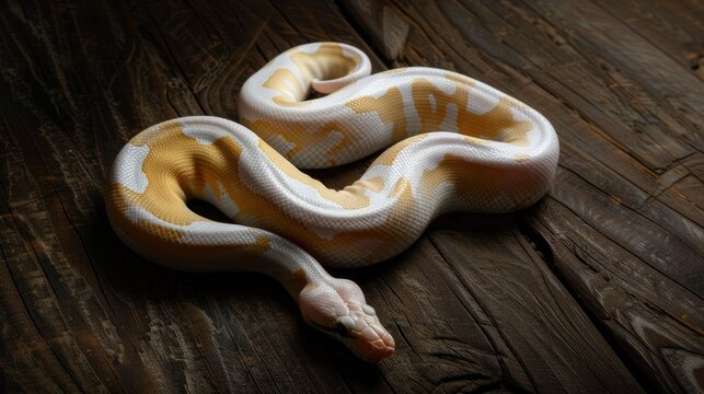 Albino morph Ball Python or Royal Python on dark surface Wood floor setting
