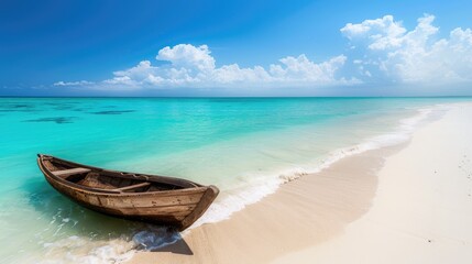Fototapeta na wymiar Beautiful tropical beach with clear turquoise water and a wooden boat on a white sand