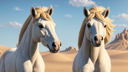 Two horses are standing in a field under a clear sky