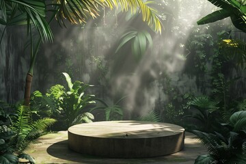 blank podium in the green jungle in realistic ai generative