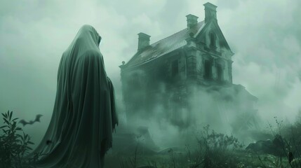 A ghostly figure stands before a haunted house on a foggy day